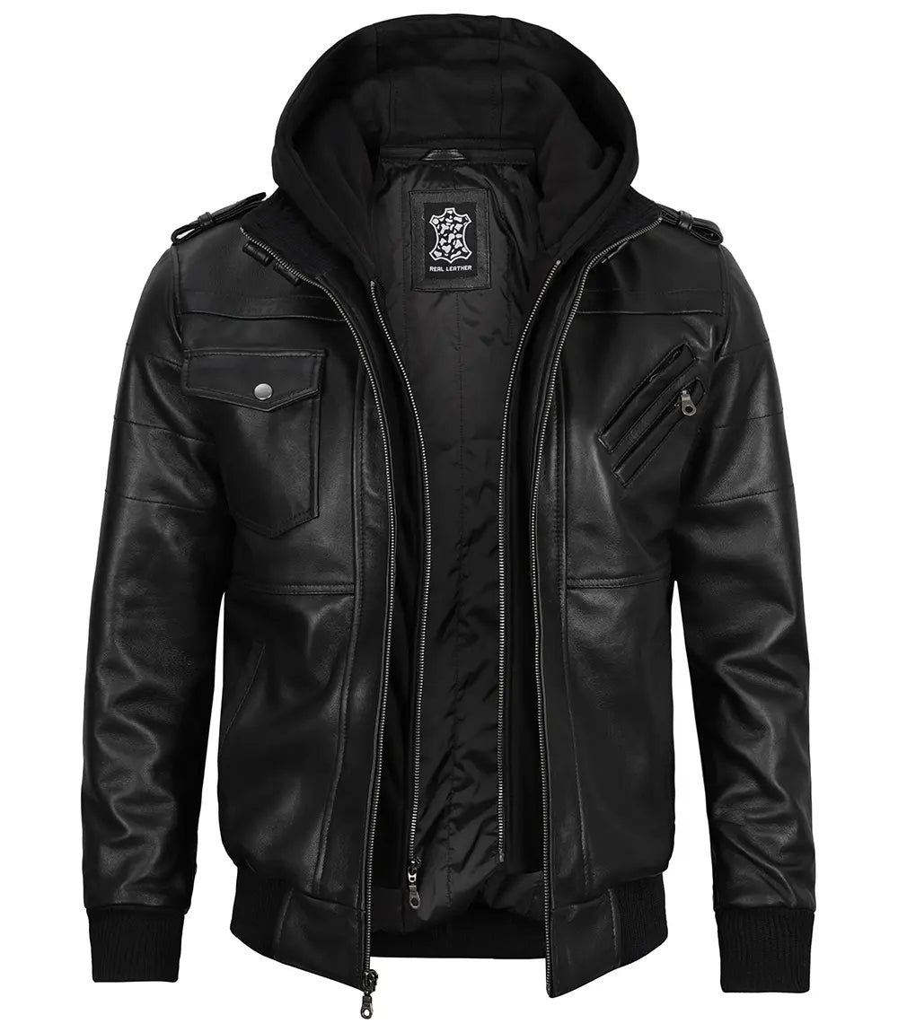 Bomber noir à capuche amovible pour homme