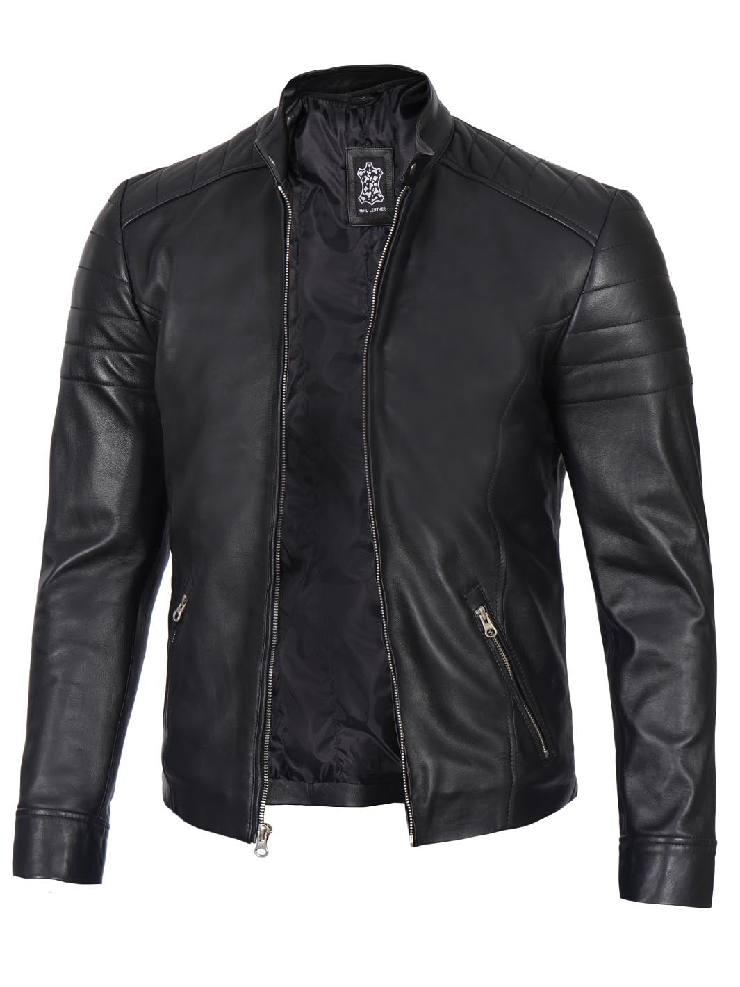 Blouson en cuir véritable noir Cafe Racer pour homme