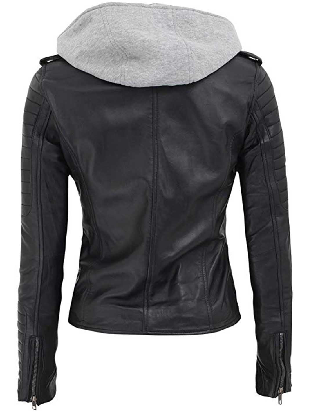 Blouson motard en cuir noir à capuche amovible