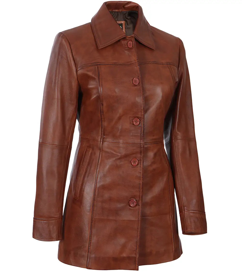 Manteau de voiture en cuir marron cognac pour femme