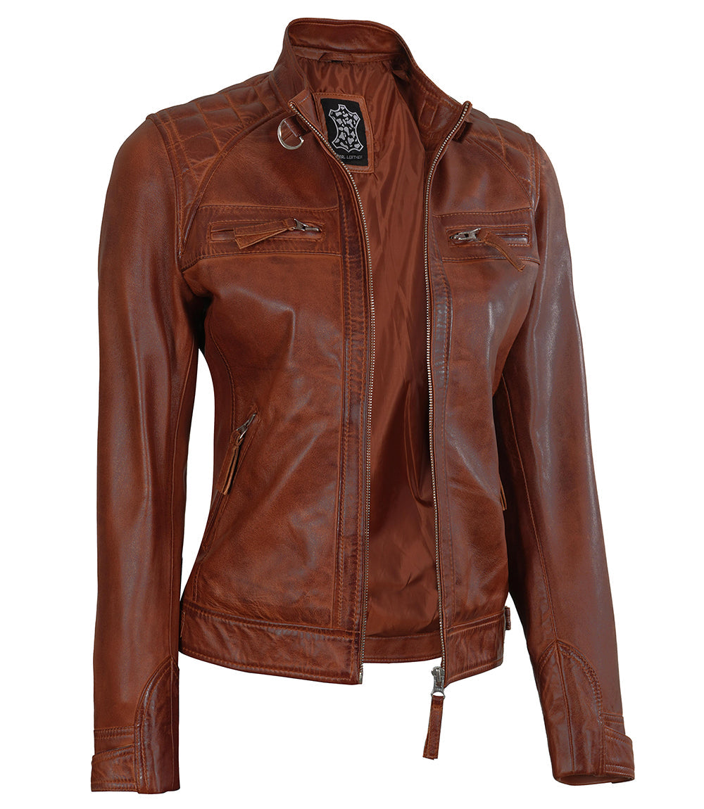 Veste en cuir cognac femme