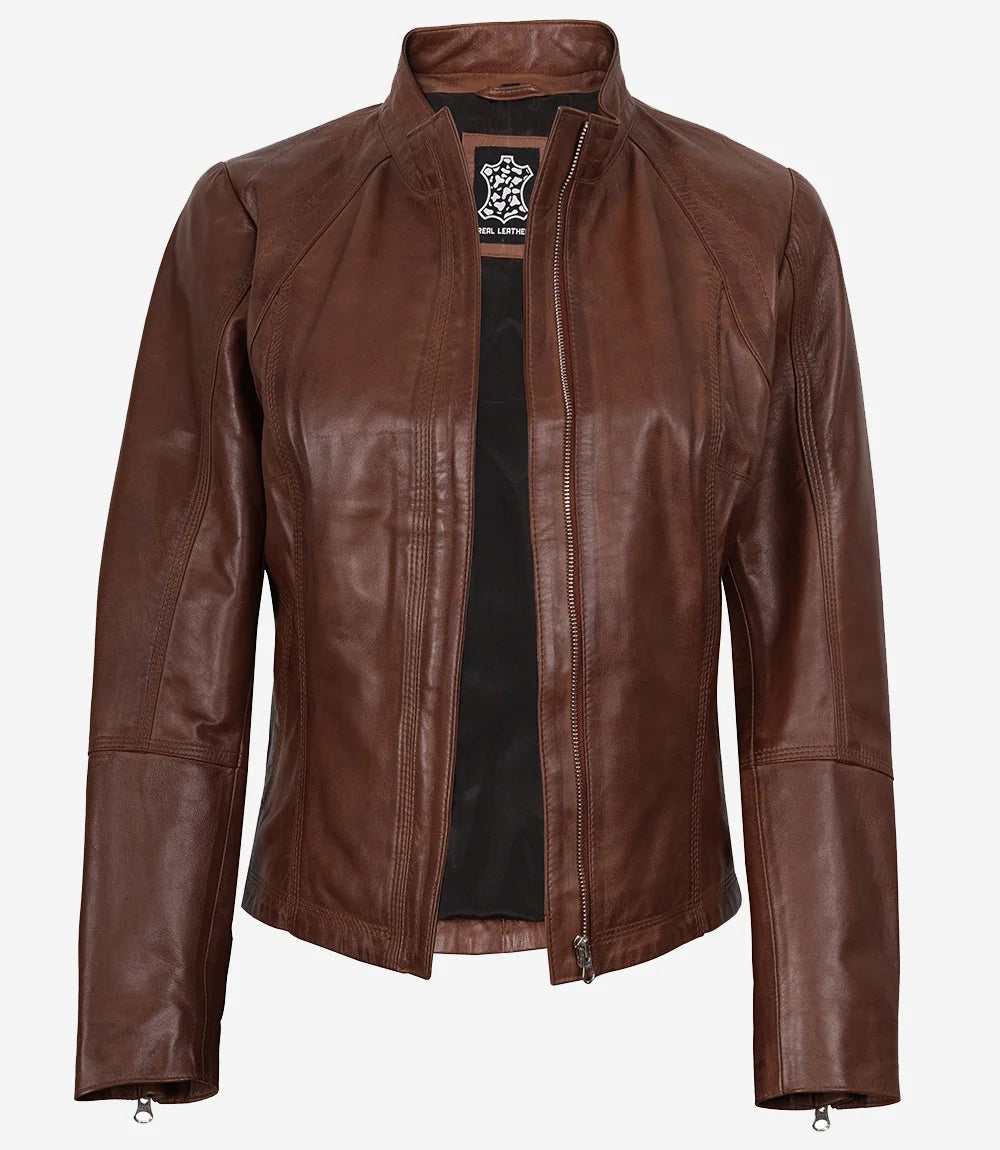 Veste en cuir marron cognac pour femme