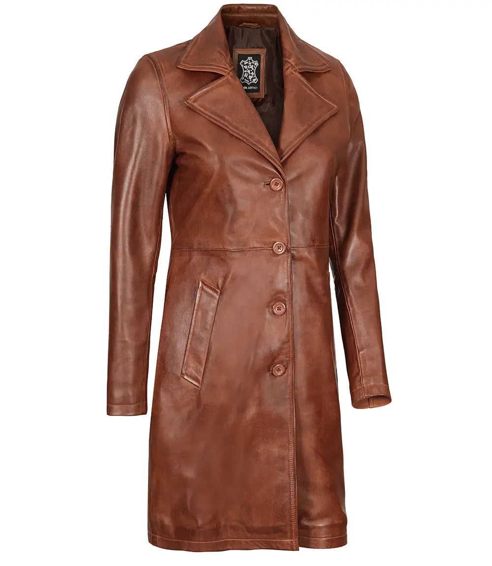 Manteau de voiture en cuir pour femme cognac