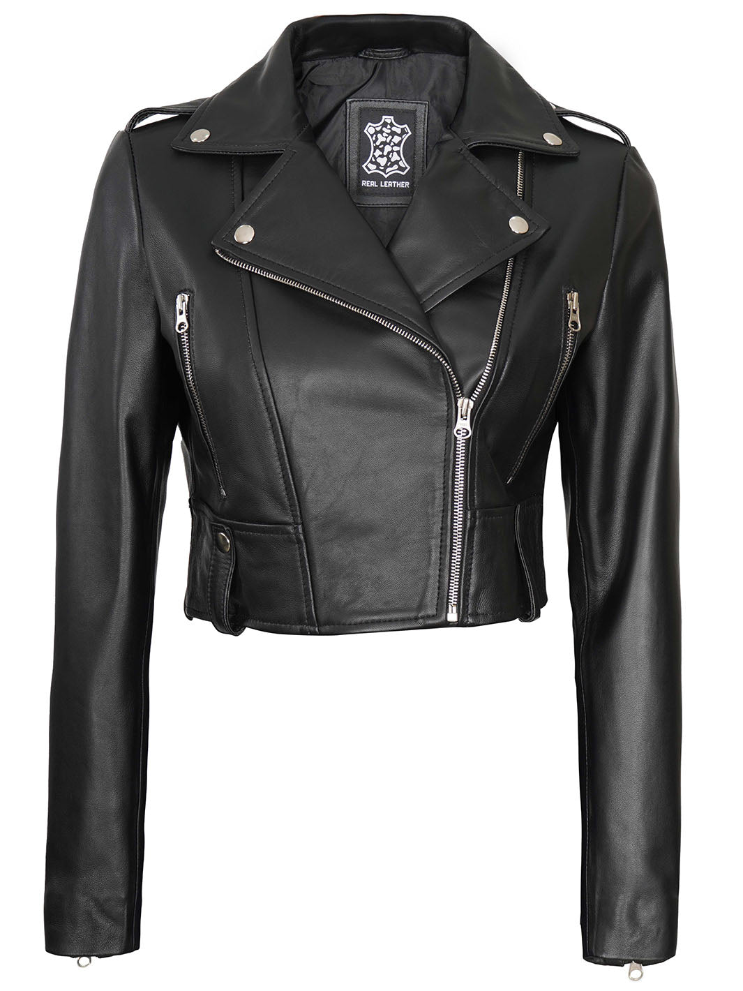 veste motard courte en cuir noir pour femme