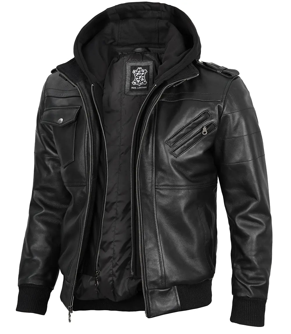 Manteau en cuir noir avec fourrure en peau de mouton pour homme – Angel Manteau en cuir noir avec fourrure en peau de mouton pour homme – Angel