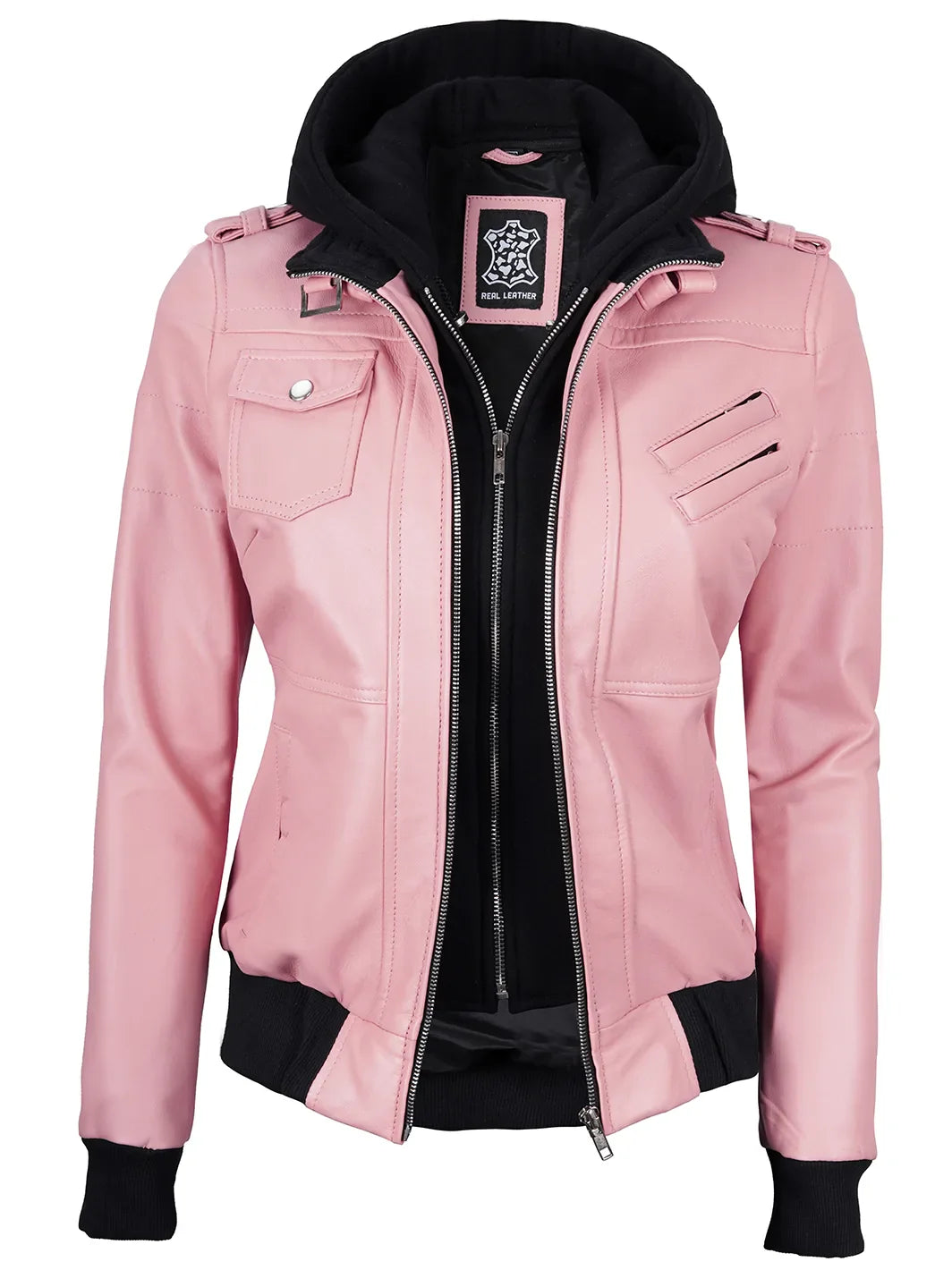 Veste en cuir rose à capuche