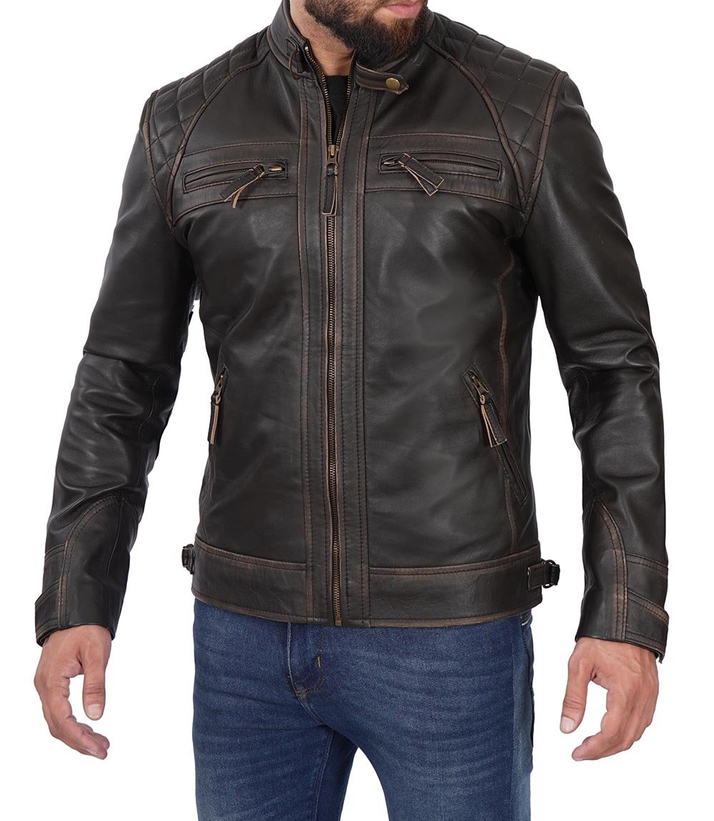 Veste de moto en cuir marron foncé pour hommes