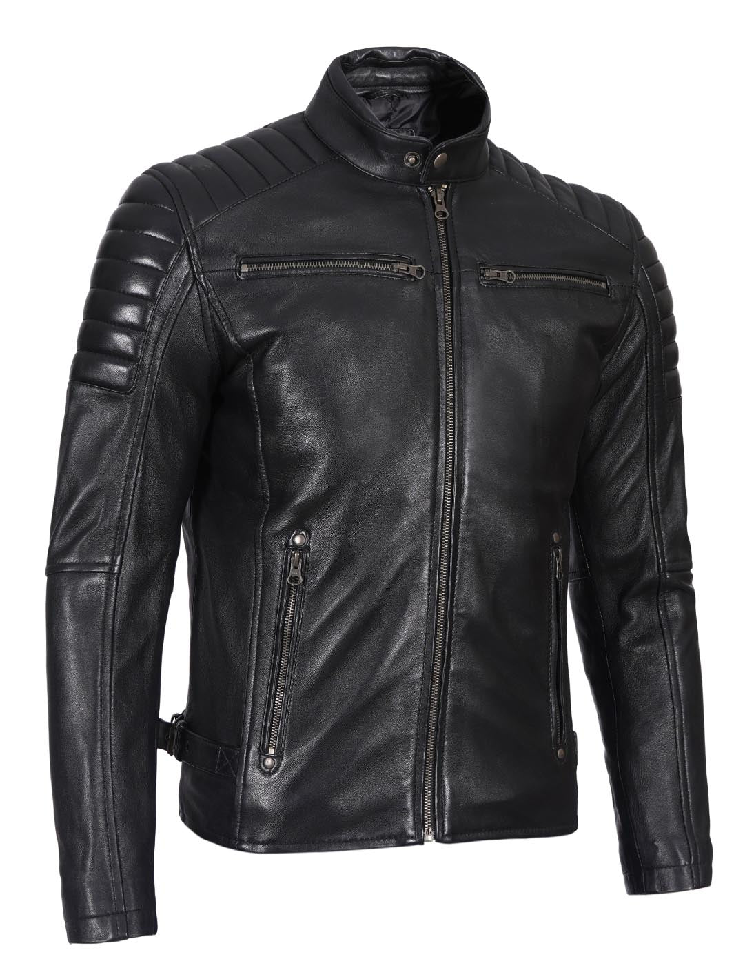 Veste en cuir de motard noire Cafe Racer pour hommes