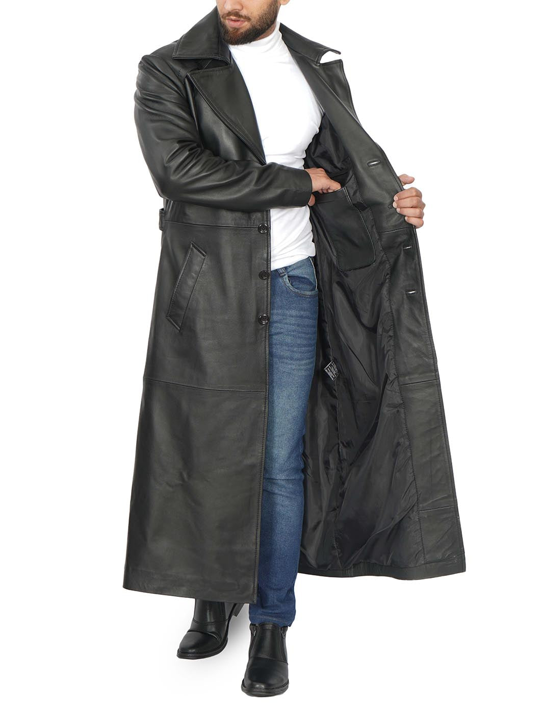 Manteau long en cuir noir Jackson pour homme