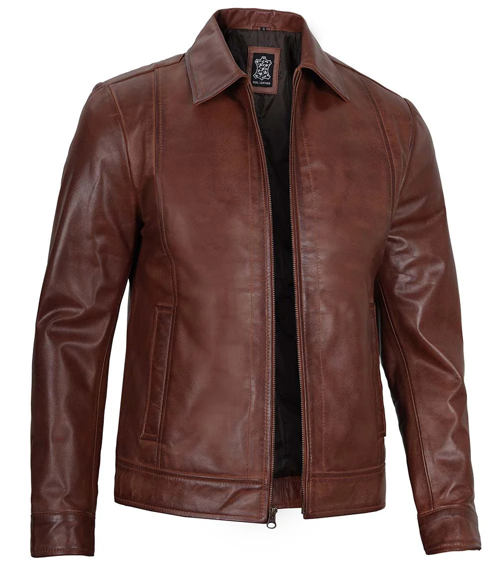Veste En Cuir Slim Fit Marron Homme