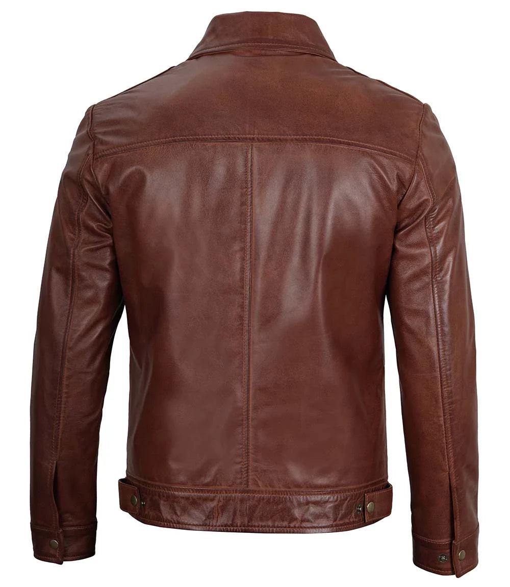 Veste En Cuir Slim Fit Marron Homme