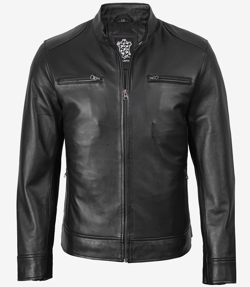 Veste de motard en cuir noir pour homme