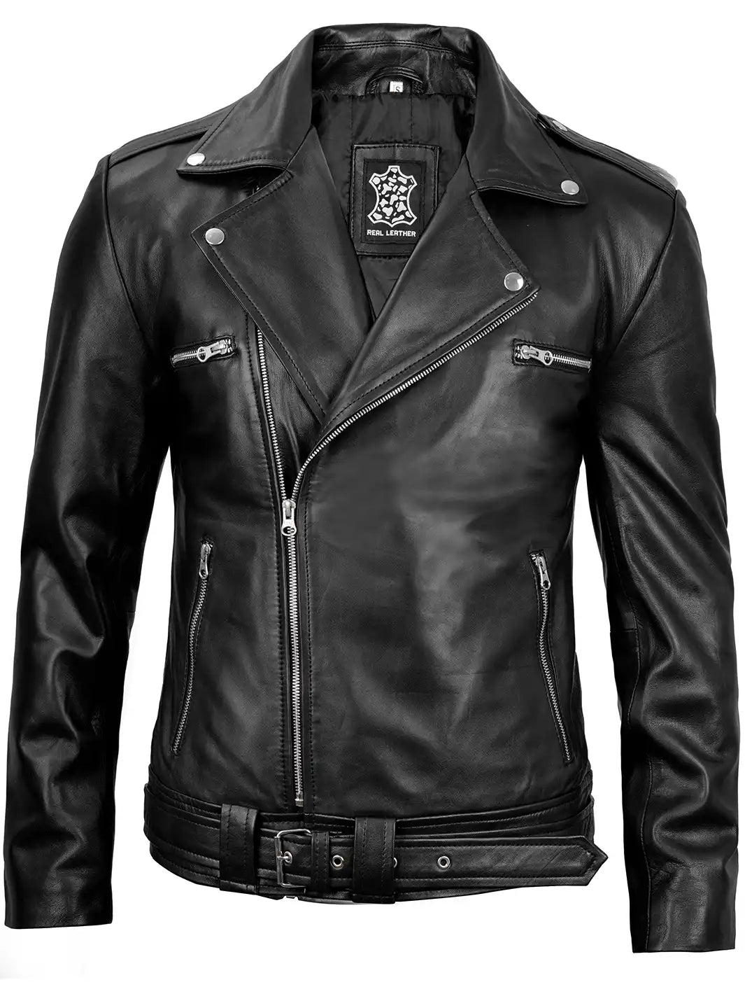 Veste de moto en cuir noir pour homme
