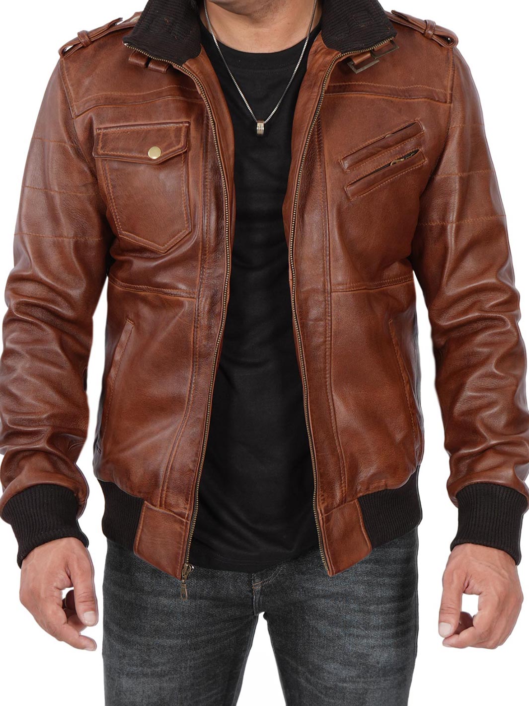 Veste en cuir cognac pour homme
