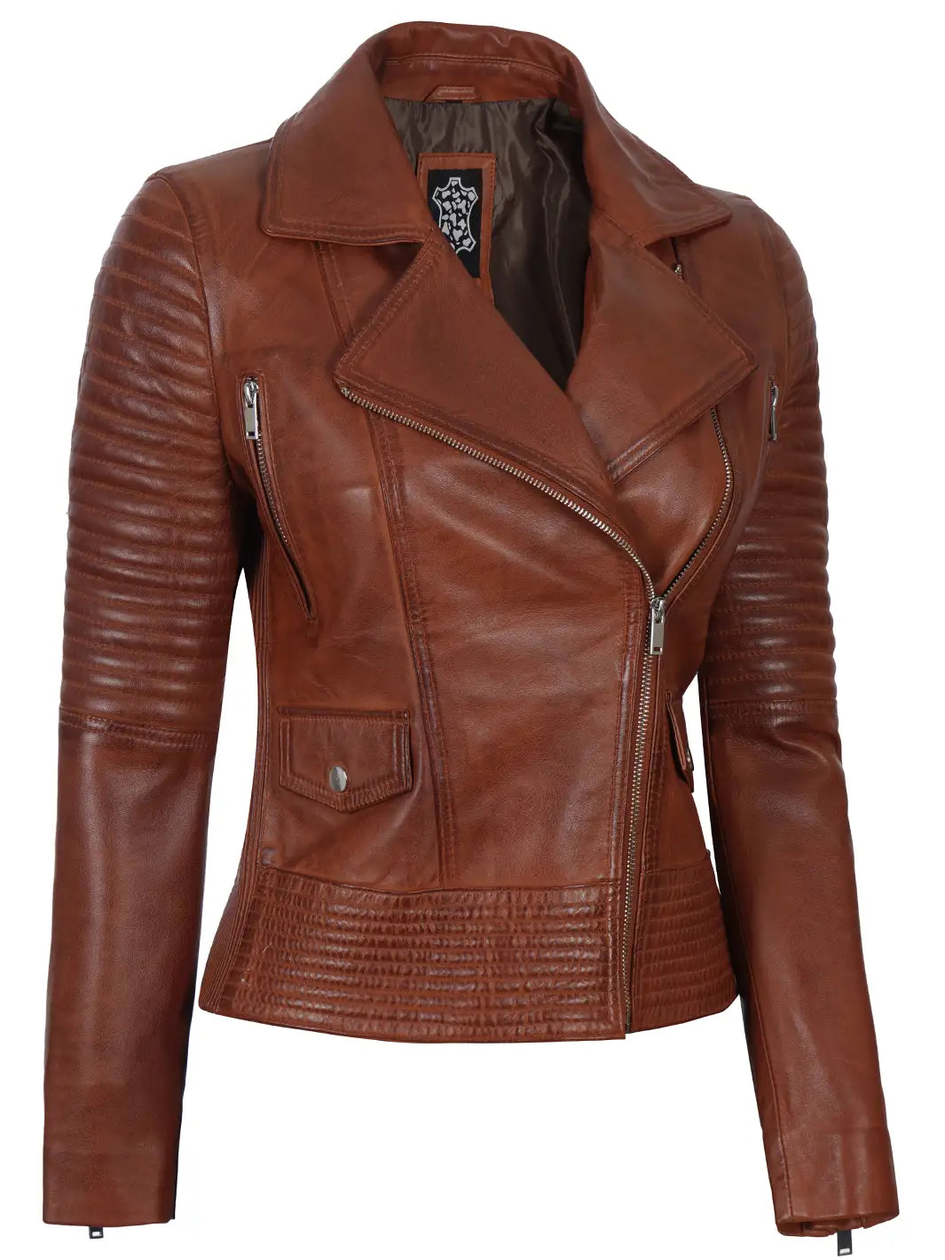 Gal Gadot Veste de moto asymétrique en cuir ciré cognac pour femme