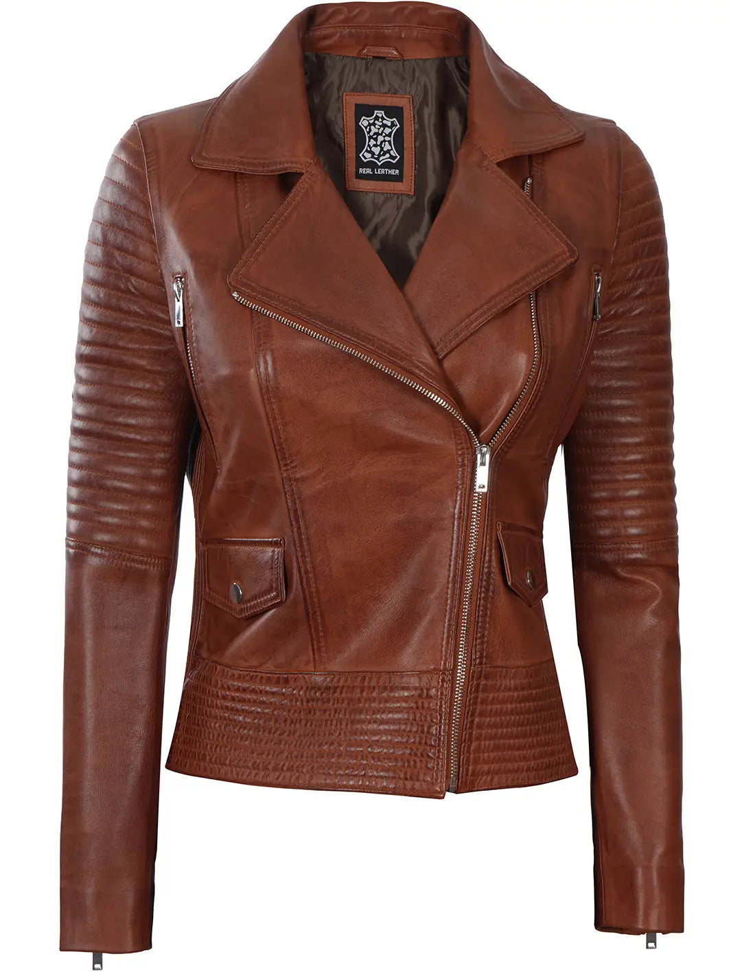 Gal Gadot Veste de moto asymétrique en cuir ciré cognac pour femme