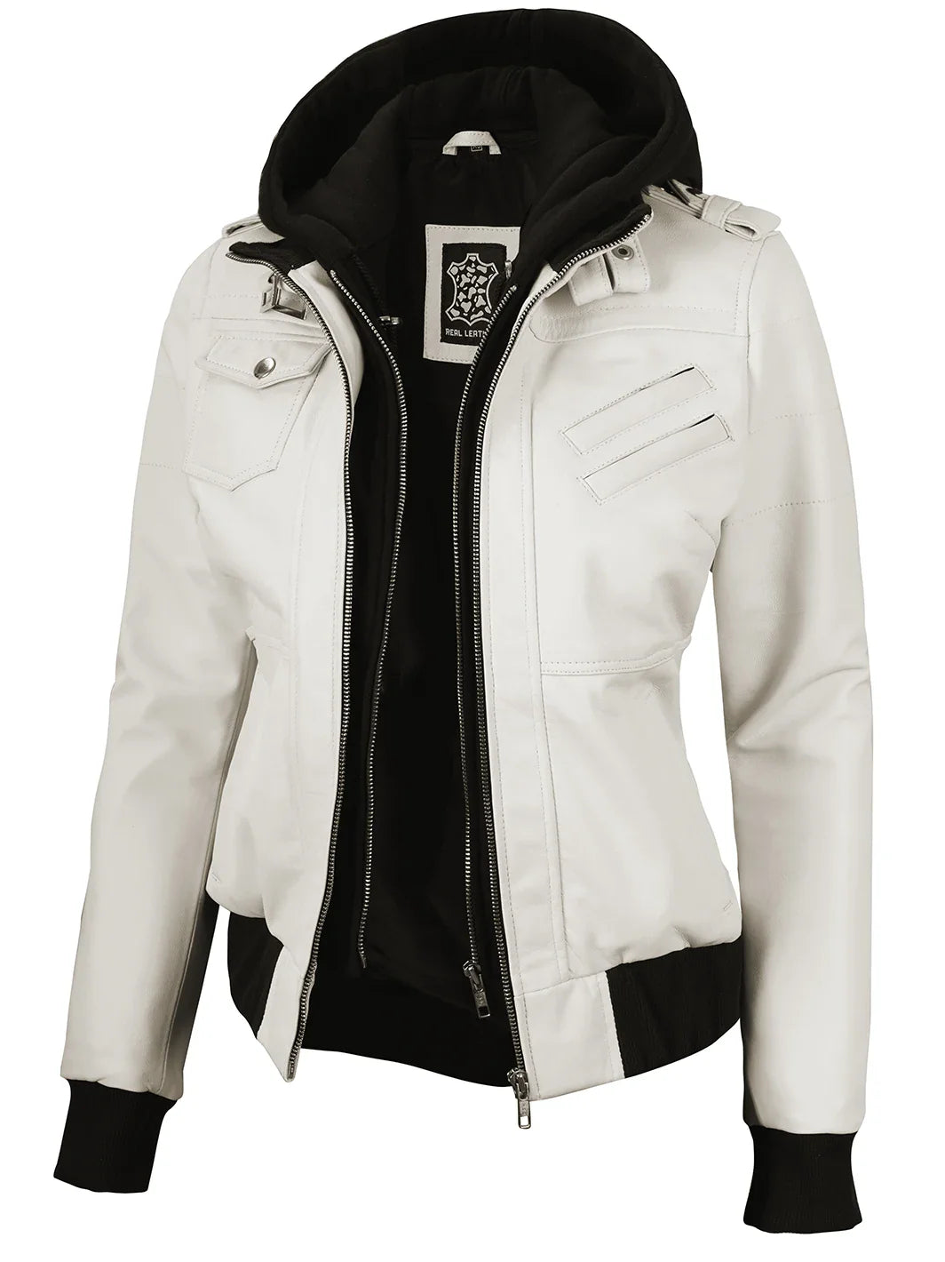Veste en cuir à capuche blanc cassé