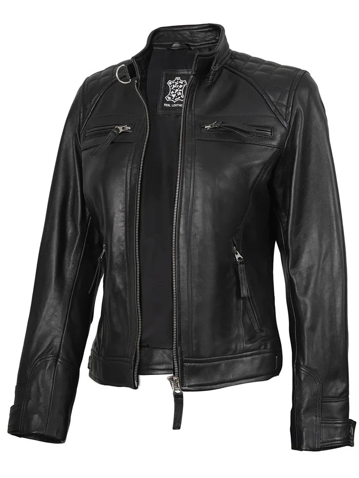 Johnson Petite Veste en cuir noir Cafe Racer pour femme