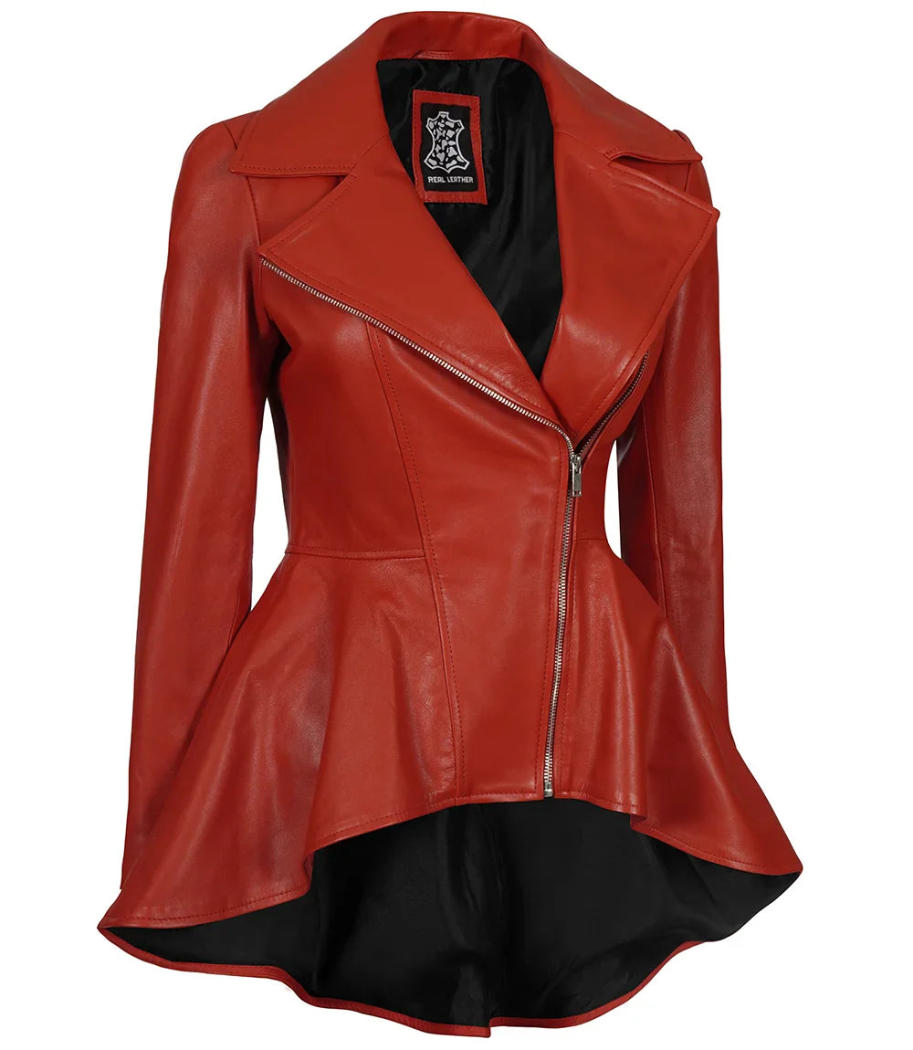 Veste en cuir asymétrique rouge