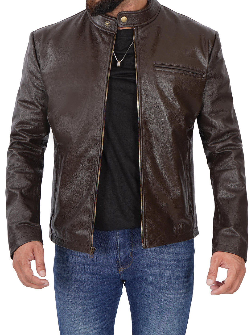 Veste Cafe Racer en cuir de vache marron foncé pour homme