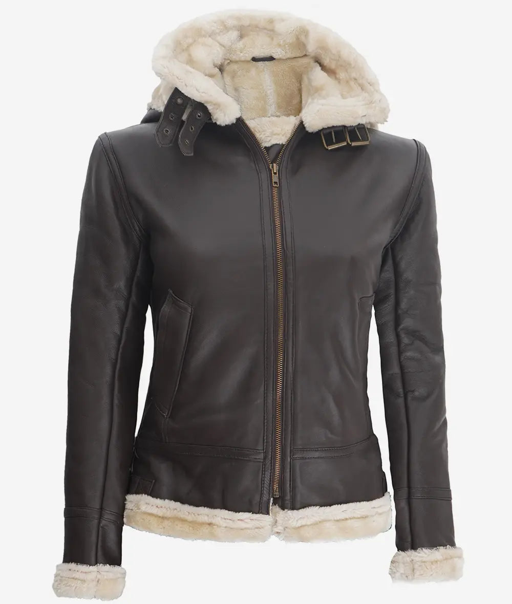 Veste En Cuir Shearling Marron Foncé