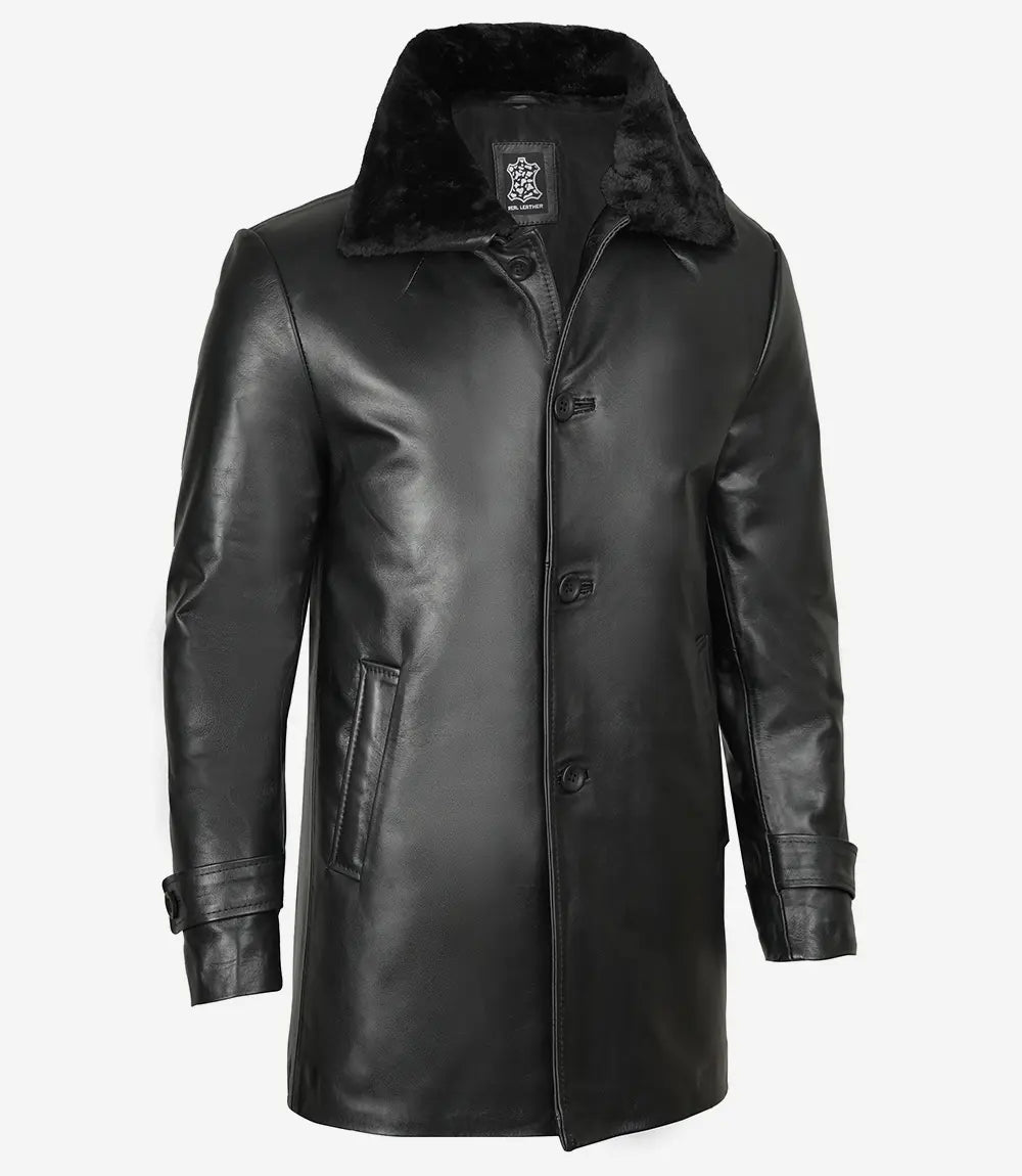 Manteau mi-long en cuir véritable noir pour homme avec col en fourrure