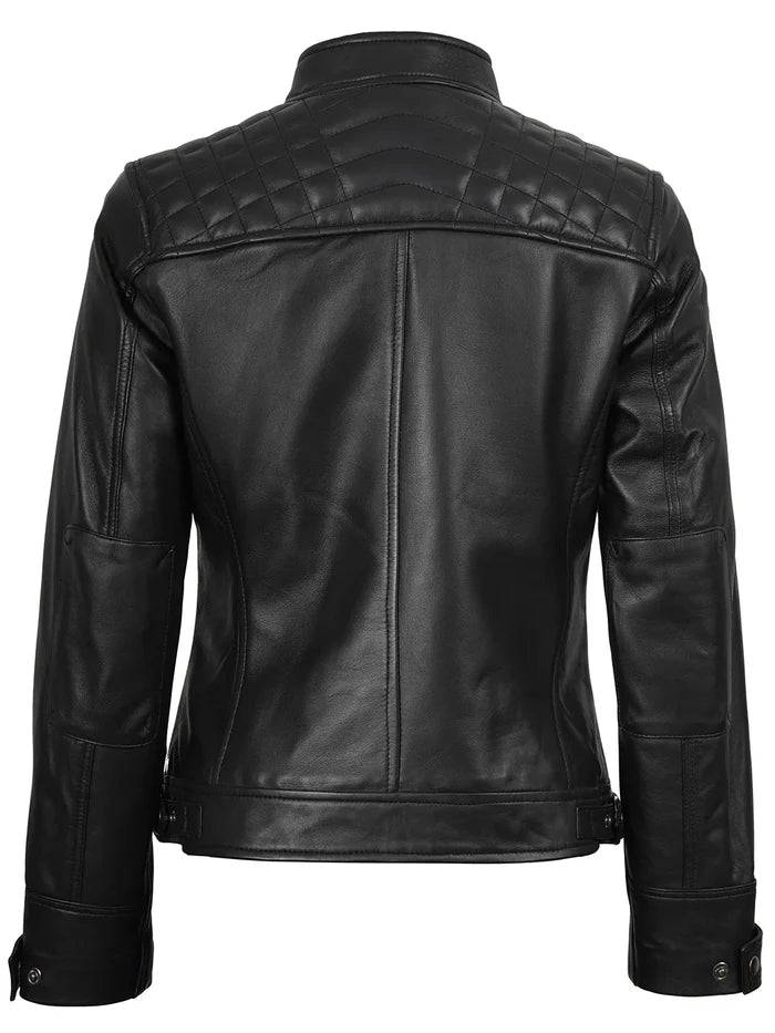 Johnson Petite Veste en cuir noir Cafe Racer pour femme