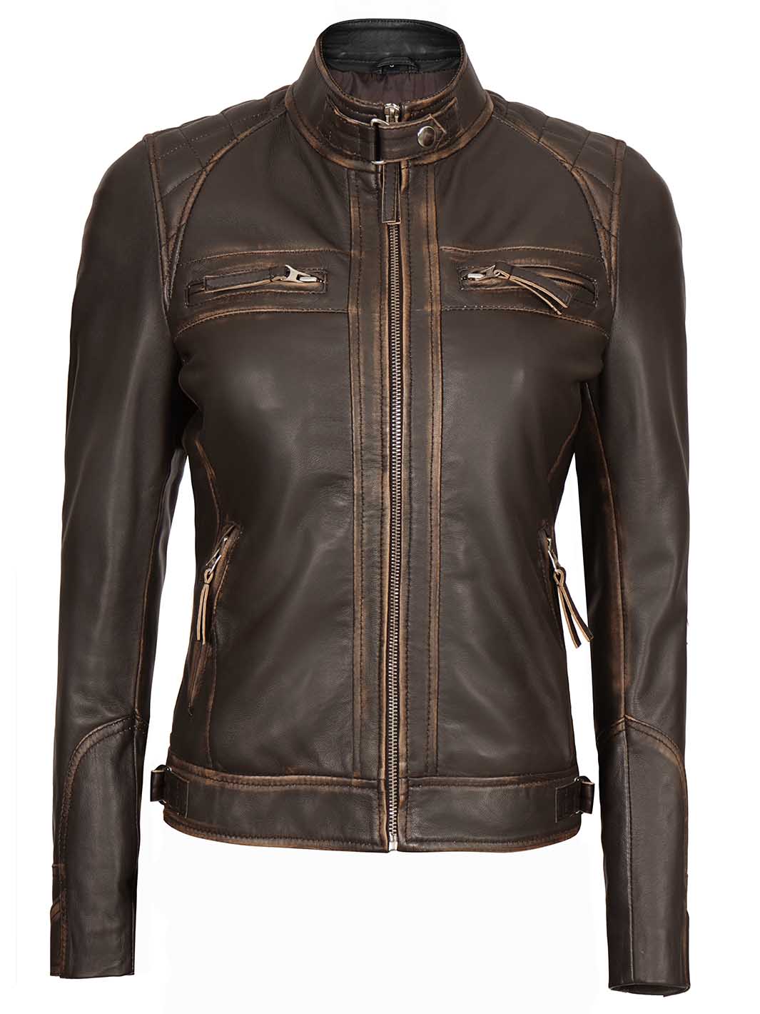 Diamond Women Rub Off Veste en cuir marron