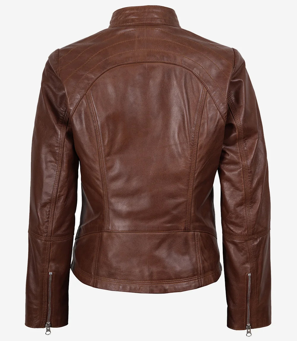 Veste en cuir marron cognac pour femme