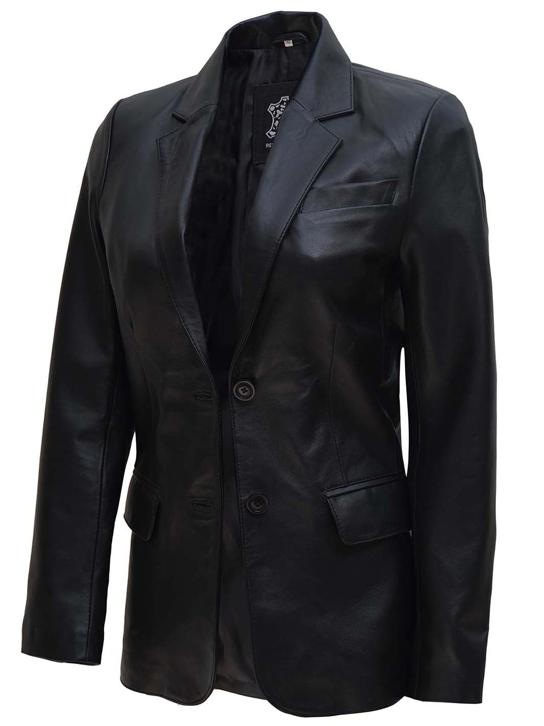 Veste blazer en cuir noir à deux boutons pour femme