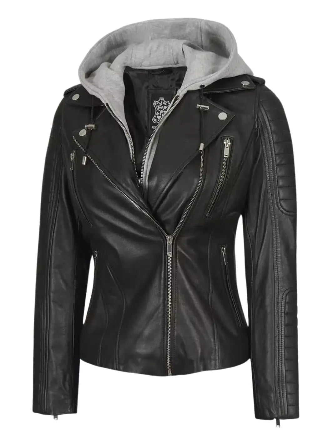 Blouson motard en cuir noir avec capuche amovible pour femme