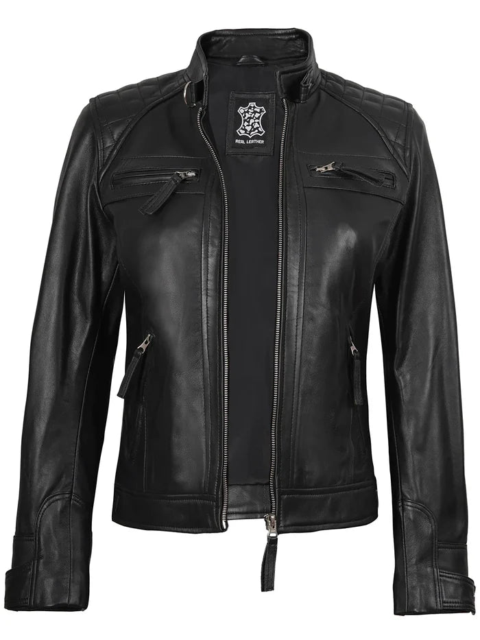 Johnson Petite Veste en cuir noir Cafe Racer pour femme