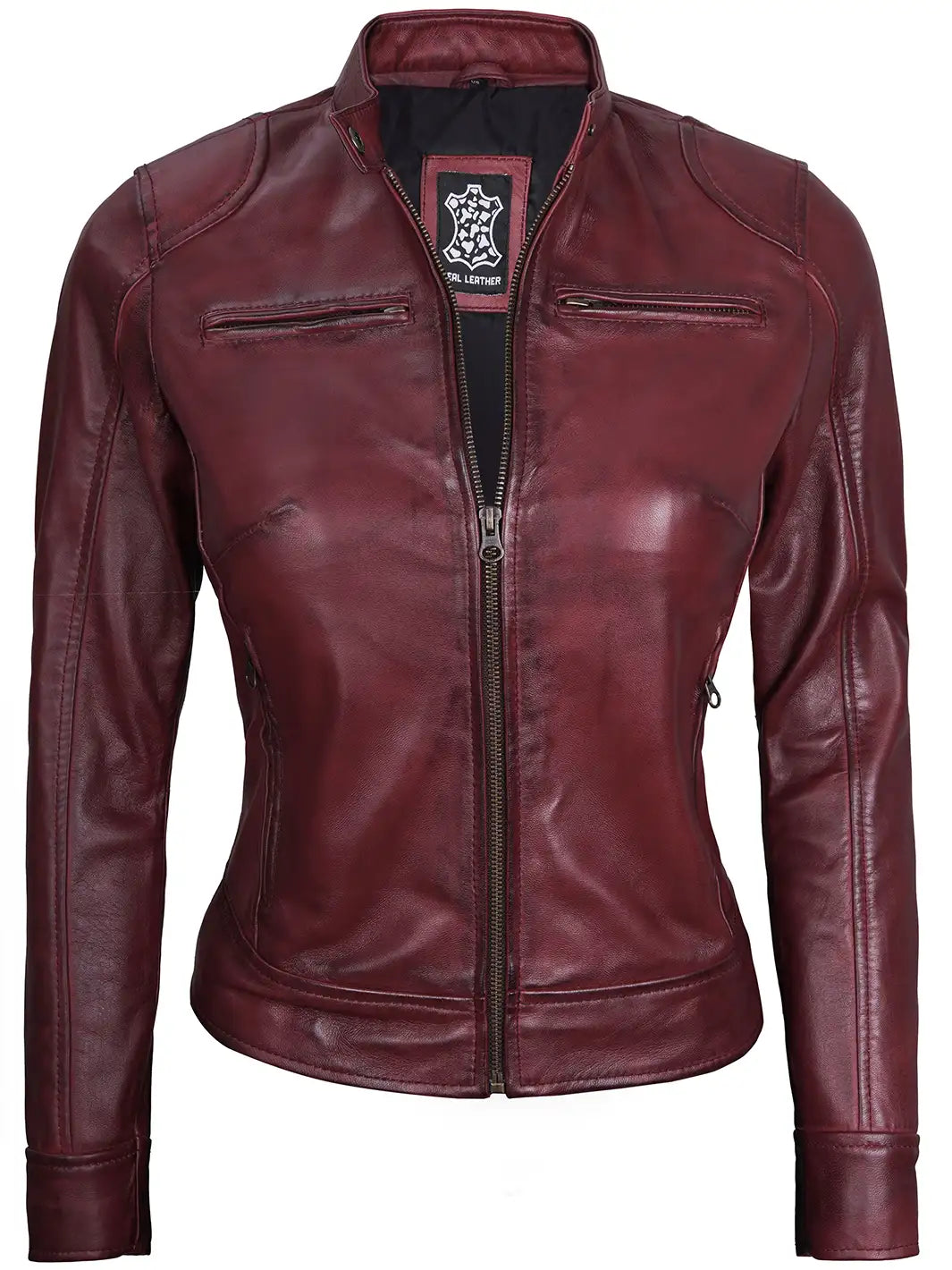 Veste en cuir marron Cafe Racer pour femme