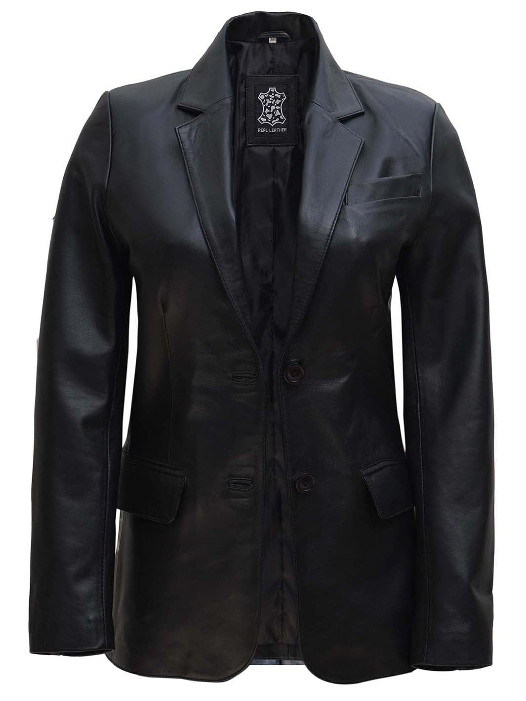 Veste blazer en cuir noir à deux boutons pour femme