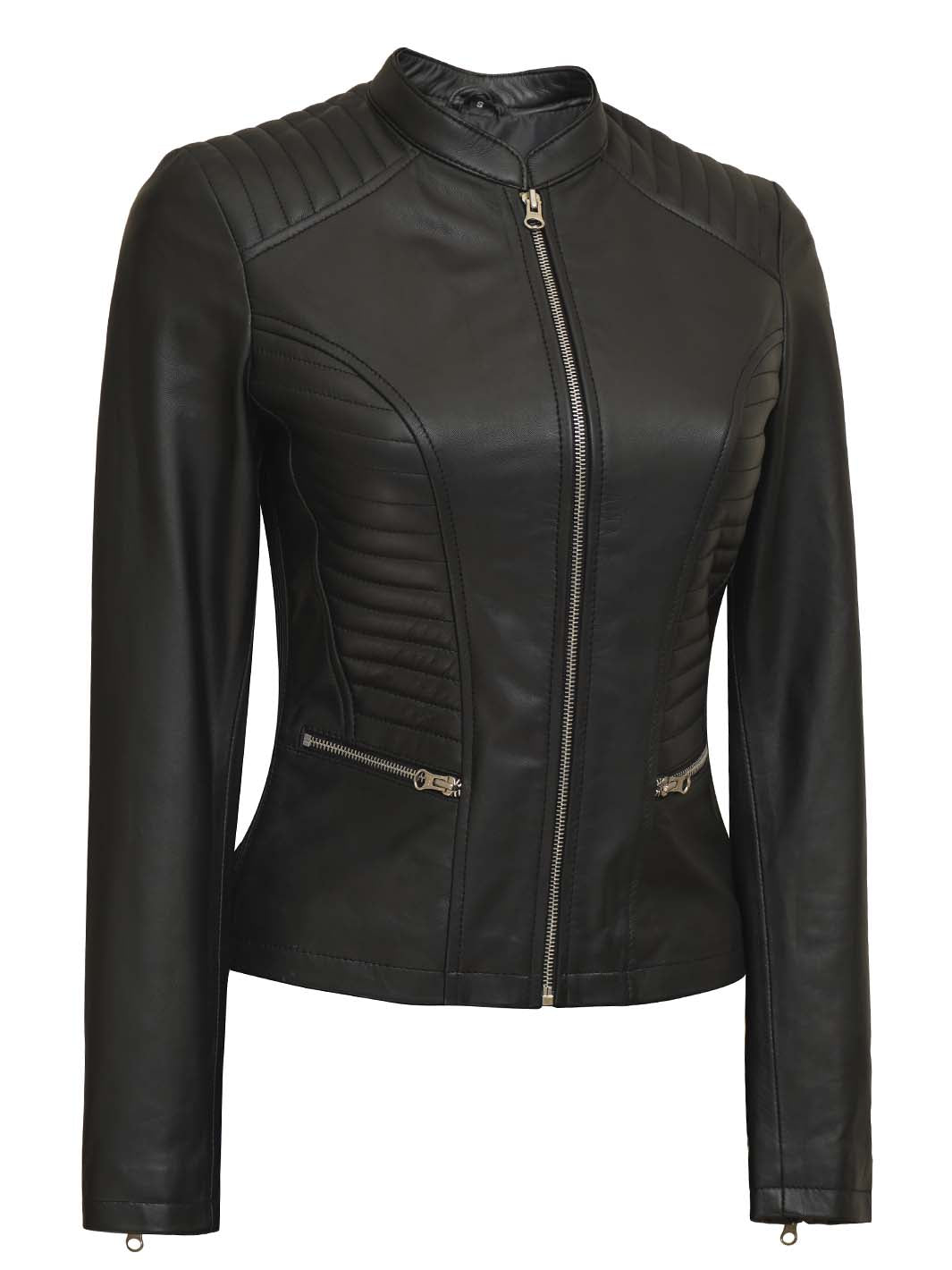 Veste en cuir noire Cafe Racer pour femme