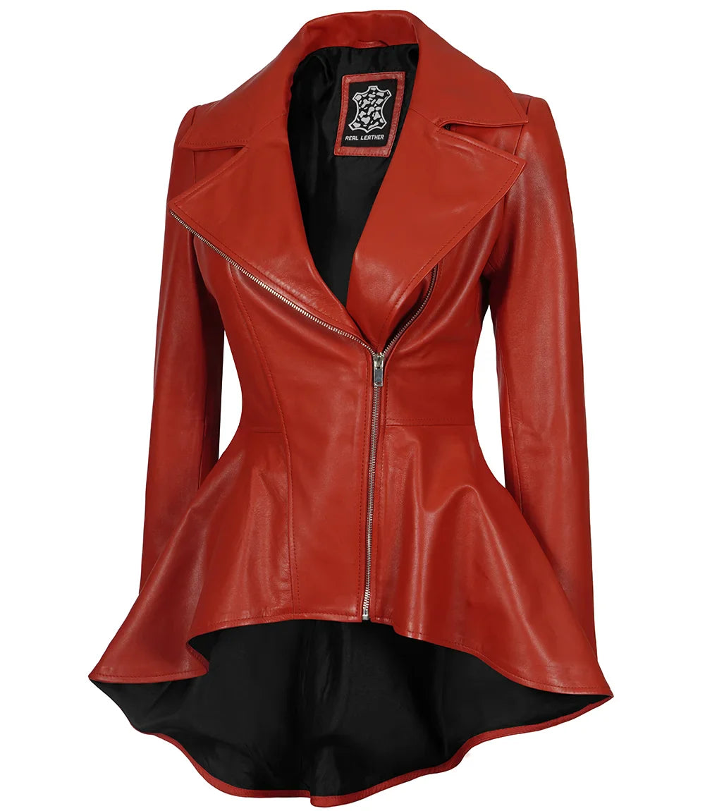 Veste en cuir asymétrique rouge à basque pour femme
