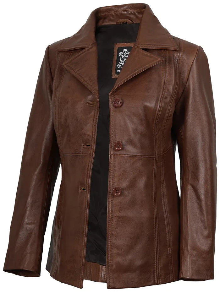 Blazer En Cuir Marron Cognac Femme