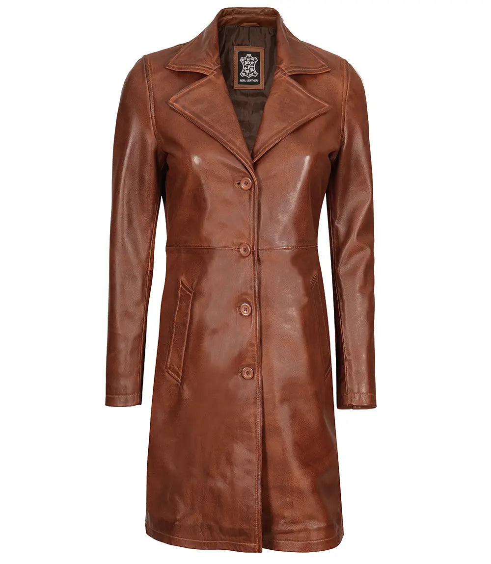Manteau de voiture en cuir cognac pour femme
