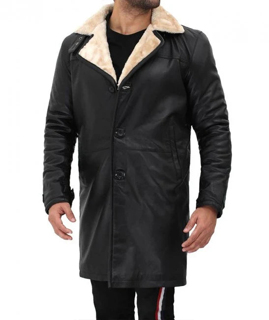 Manteau en peau de mouton noir en cuir véritable pour hommes