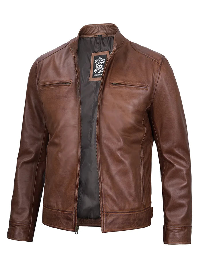 Dodge Veste en cuir Cognac Cafe Racer pour homme