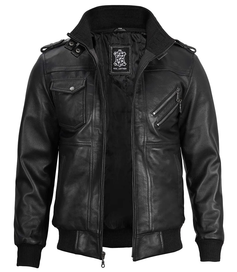 veste en cuir bomber noir homme
