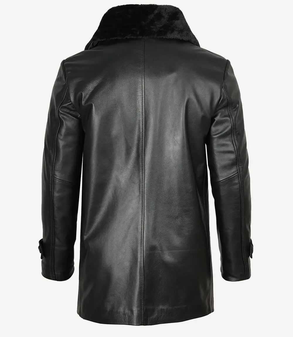 Manteau mi-long en cuir véritable noir pour homme avec col en fourrure