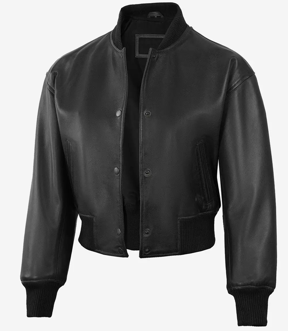 Blouson aviateur court en cuir noir à boutons-pression pour femme Julee