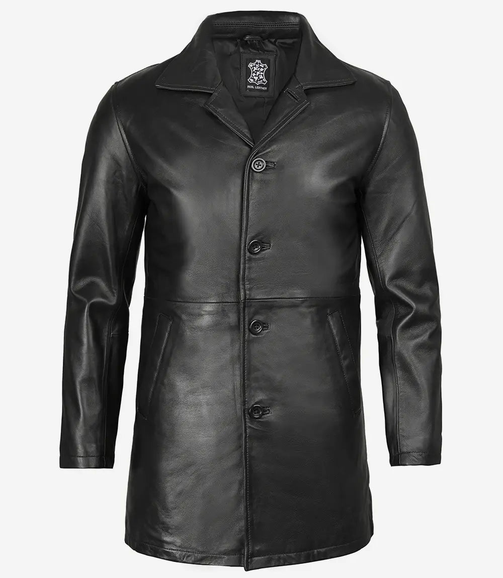 Men's 3/4 Length Black Leather Car Coat
