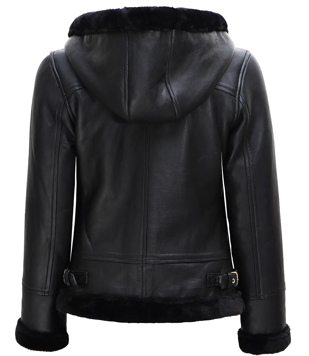 veste en cuir noir à capuche pour femme