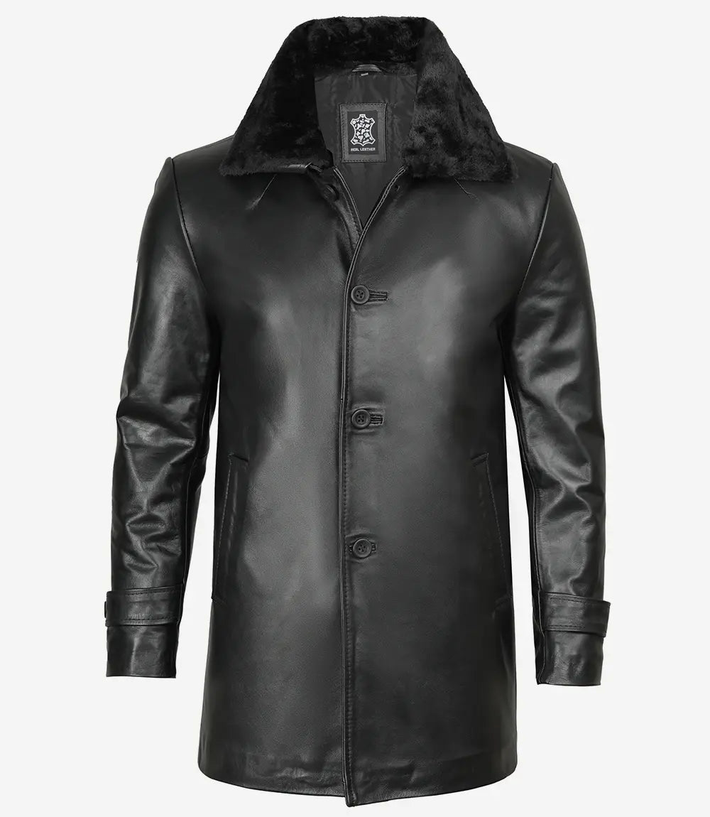 Manteau mi-long en cuir véritable noir pour homme avec col en fourrure