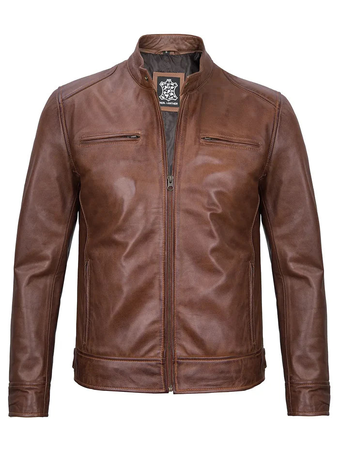 Dodge Veste en cuir Cognac Cafe Racer pour homme