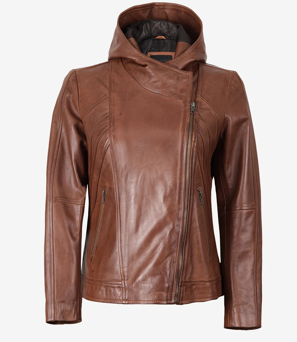 Cidra Veste asymétrique en cuir à capuche marron pour femme