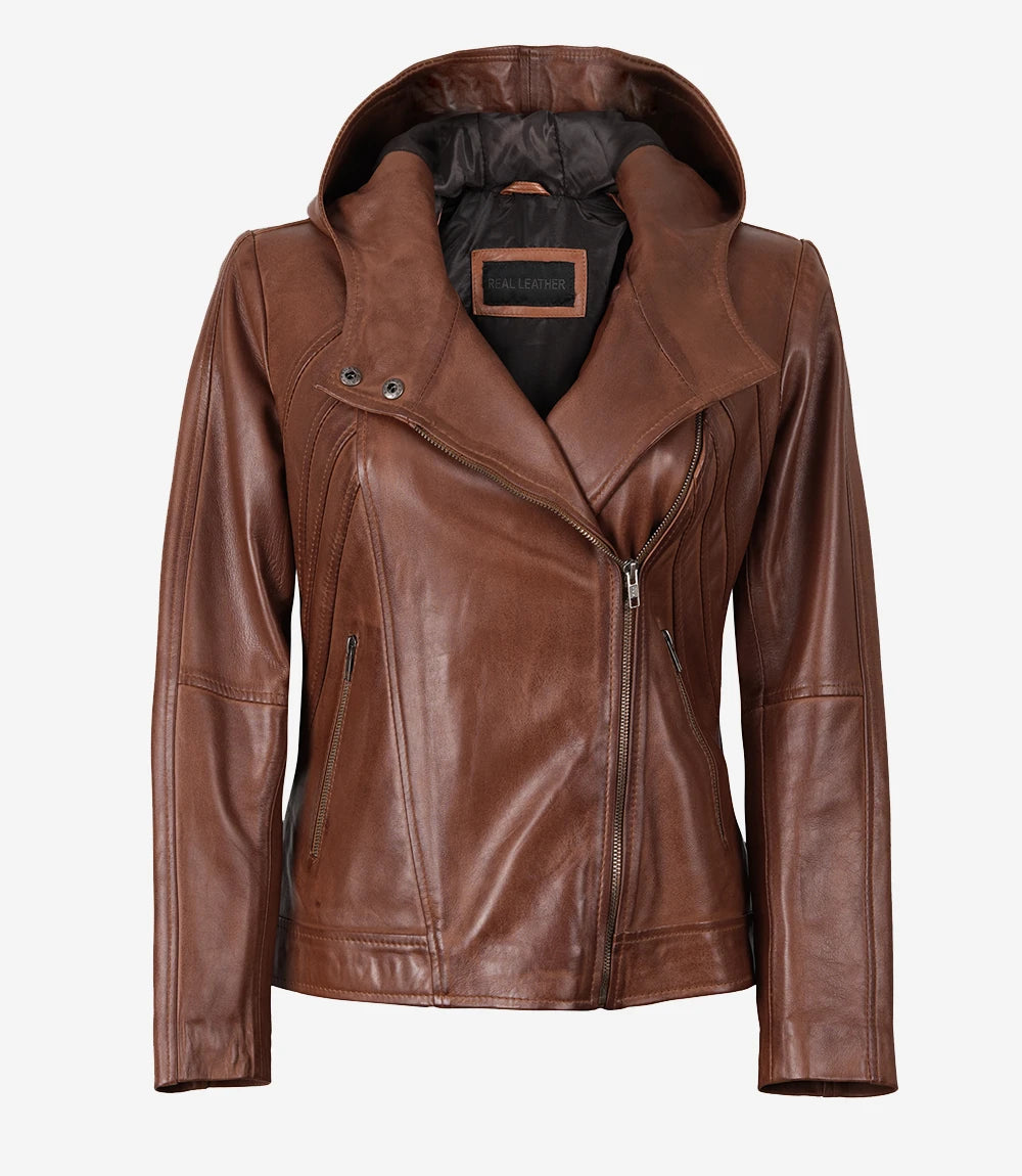 Cidra Veste asymétrique en cuir à capuche marron pour femme