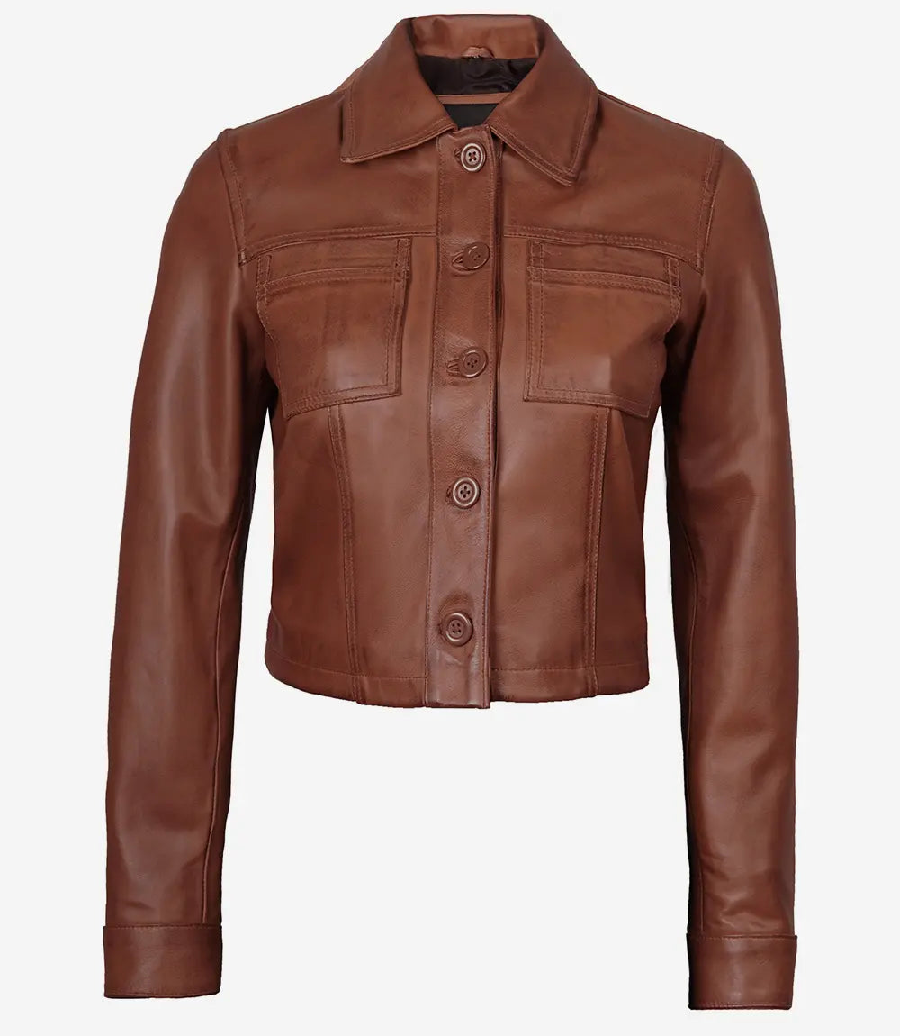 Veste Harrington courte en cuir marron cognac pour femme de Mable